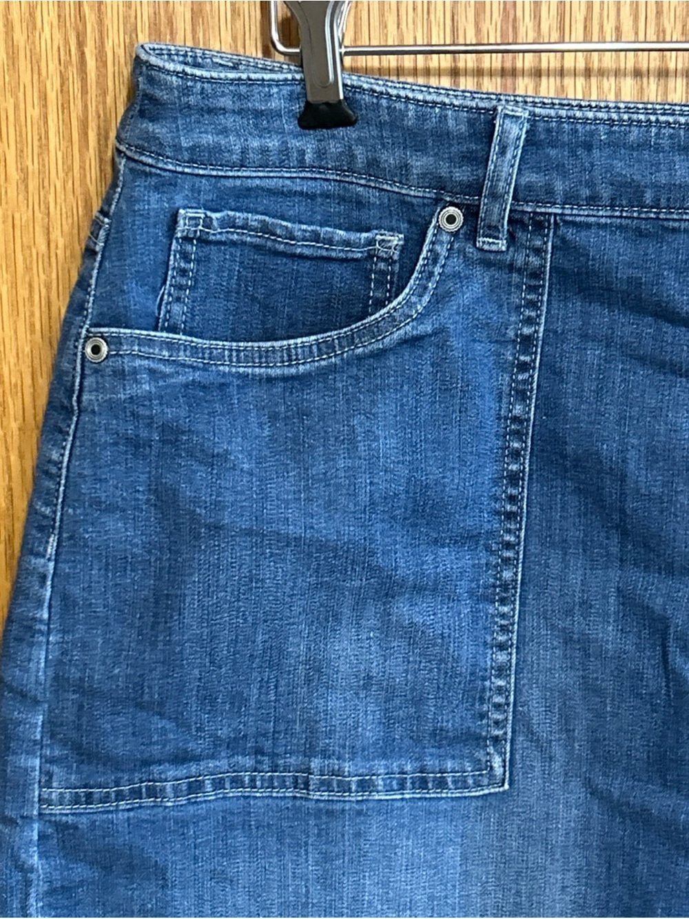 Christopher & Banks Denim Skirt Raw Let Down Hem Patch Pocket Med Wash 16 P